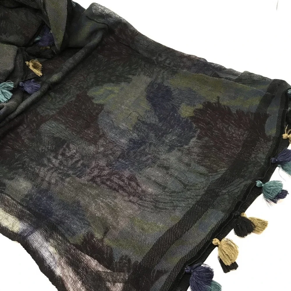 Amet & Ladour Scarf Sheer Green Black Print - Picture 2 of 8